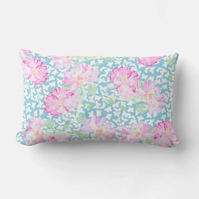 Pretty Pink Roses, White Butterflies on Sky Blue Lumbar Cushion (Front)