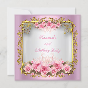 Pretty Pink Roses White Gold Birthday Party Invitation