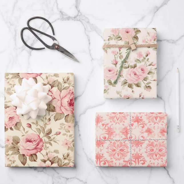 Pretty Pink Roses Wrapping Paper Sheet (Front)