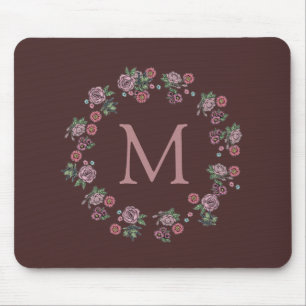 Pretty Pink Roses Wreath Burgundy Monogram Mouse Mat