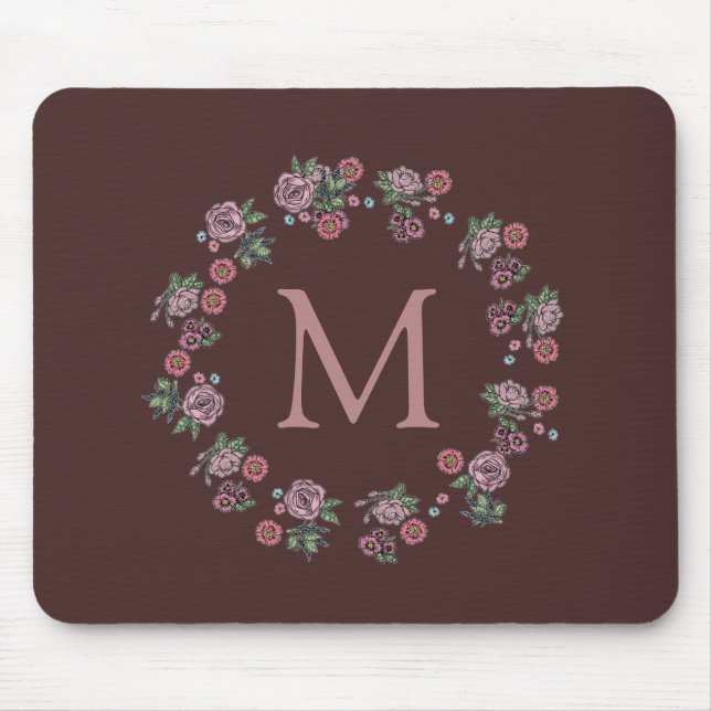 Pretty Pink Roses Wreath Burgundy Monogram Mouse Mat (Front)