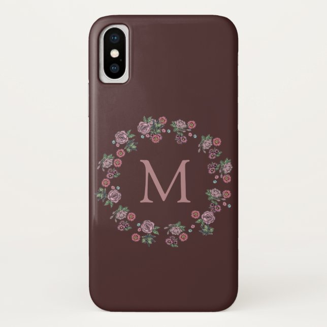 Pretty Pink Roses Wreath Monogram Burgundy Case-Mate iPhone Case (Back)