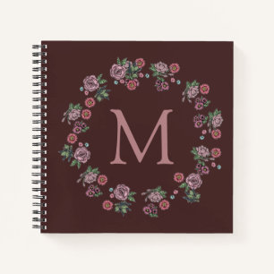 Pretty Pink Roses Wreath Monogram Burgundy Notebook