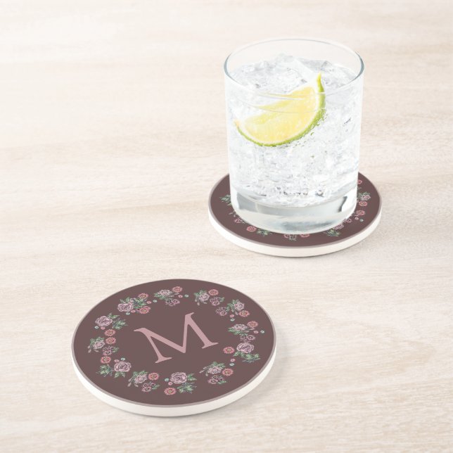 Pretty Pink Roses Wreath Monogram Coaster (Side)