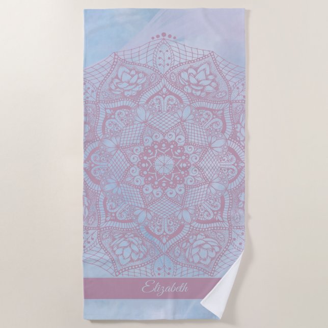 Pretty Pink Sacred Lotus Flower Blossom Mandala  Beach Towel (Front)