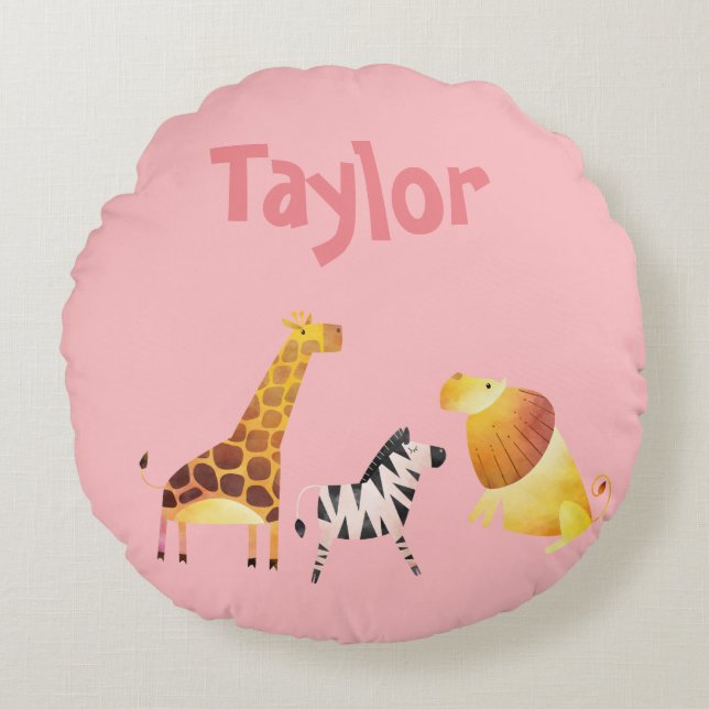 Pretty Pink Safari Zebra Giraffe Lion Round Cushion (Front)