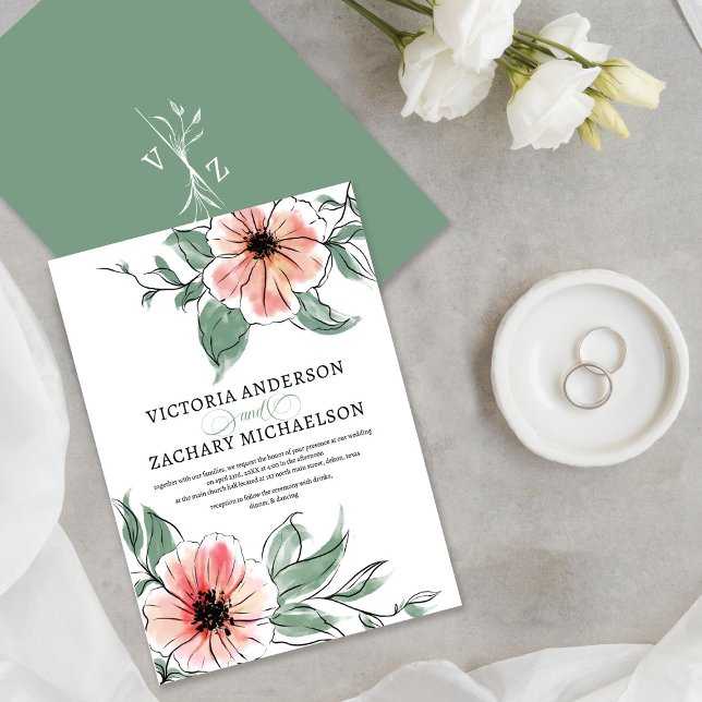 Pretty Pink Sage Green Floral Botanical Wedding Invitation (Creator Uploaded)