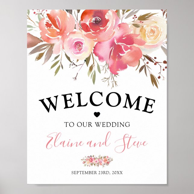 Pretty Pink Salmon Floral Welcome Wedding Poster (Front)