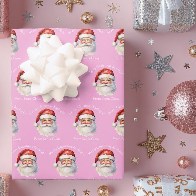 Pretty Pink Santa Claus Custom Girls Christmas Wrapping Paper Sheet (Creator Uploaded)