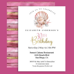 Pretty Pink Seashell and Pearls 30th Birthday Invitation