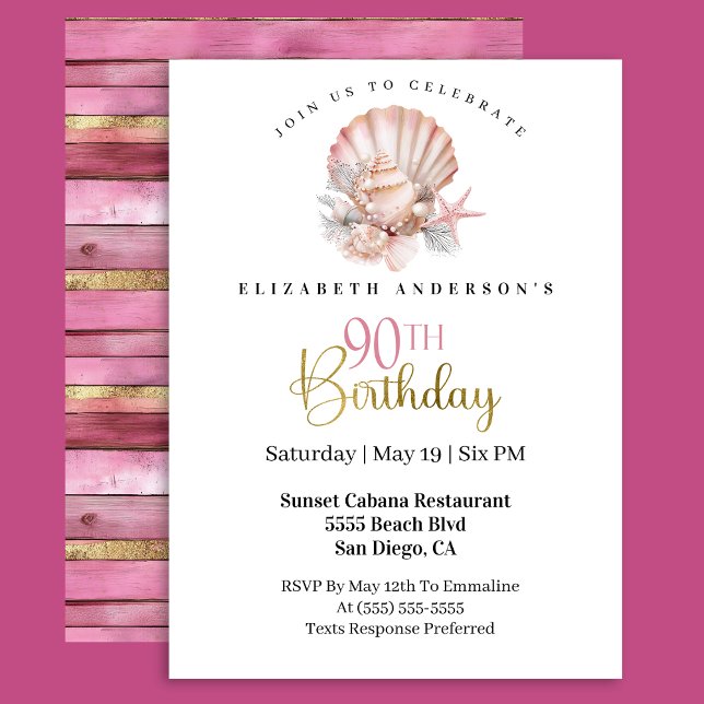 Pretty Pink Seashell and Pearls 90th Birthday Invitation (Creator Uploaded)