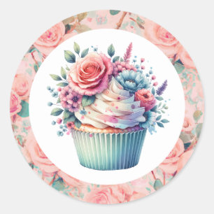 Pretty pink Shabby Chic Floral Birthday Cupcake Classic Round Sticker