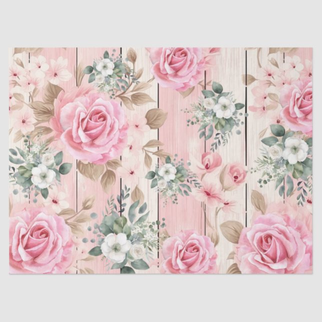 Pretty Pink Shabby Chic Roses & Eucalyptus  Tissue Paper (Front)