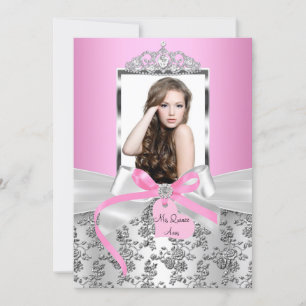 Pretty Pink Silver Bow & Rose Photo Quinceanera Invitation