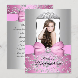 Pretty Pink Silver Bow & Tiara Quinceanera Invitation