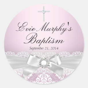 Pretty Pink Silver Damask & Bow Baptism Sticker