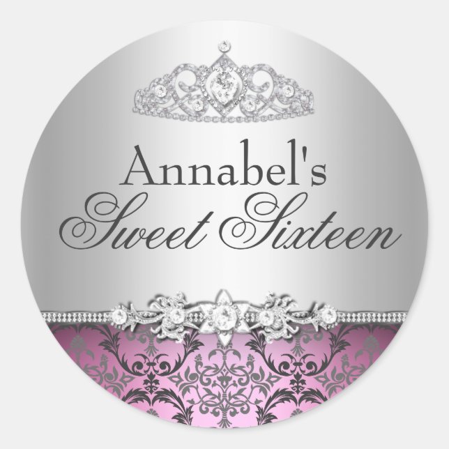 Pretty Pink & Silver Damask Sweet 16 Sticker (Front)