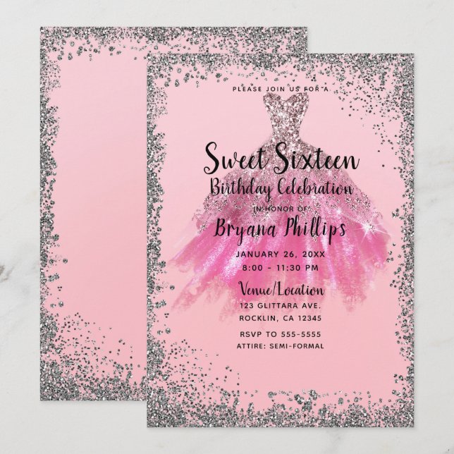 Pretty Pink Silver Glitter Party Dress Sweet 16 Invitation (Front/Back)