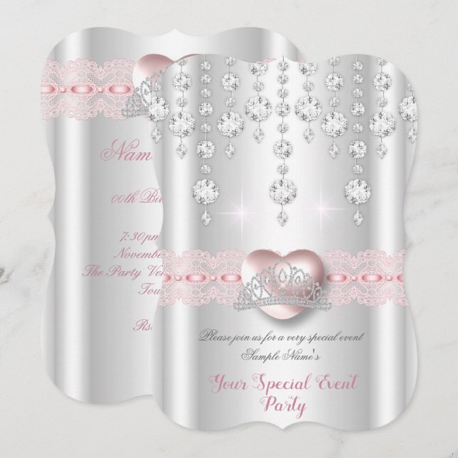 Pretty Pink Silver Heart Diamond Tiara Any Party Invitation (Front/Back)