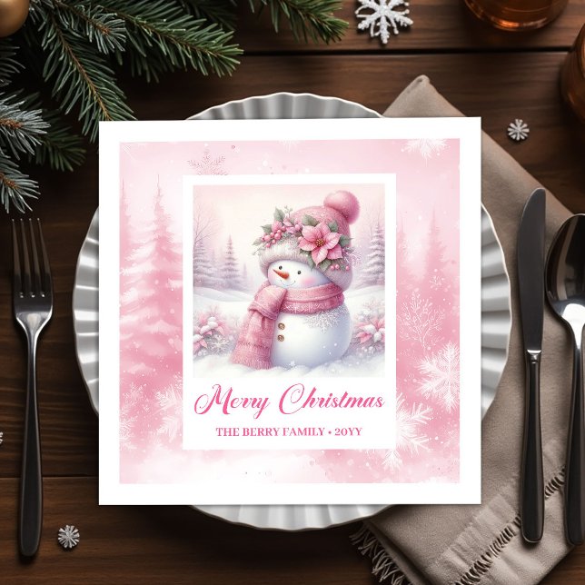 Pretty Pink Snowman Christmas Scene Napkins Kids  (Pretty Pink Snowman Christmas Scene Napkins Kids Holiday)