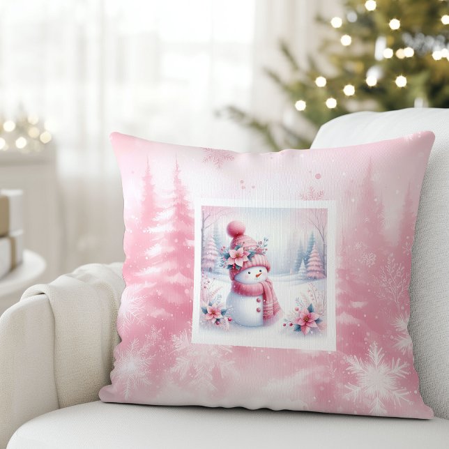Pretty Pink Snowman Winter Scene Kids Room Pillow (Pretty Pink Snowman Winter Scene Kids Room Pillow)