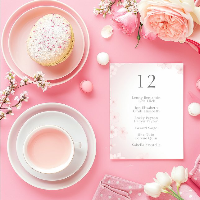 Pretty Pink Soft Cherry Blossom Wedding Table Seat Invitation (Featuring a graceful border of hand-painted style cherry blossoms table number chart )