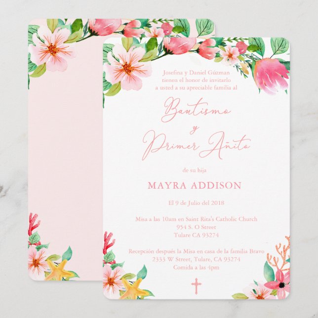 Pretty Pink Spanish Baptism 1st Birthday For Girl Invitation (Front/Back)