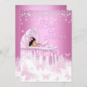 Pretty Pink Sparkle Butterfly Baby Shower Ethnic Invitation