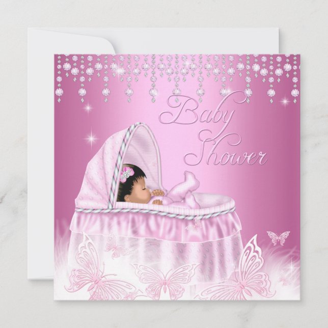 Pretty Pink Sparkle Butterfly Baby Shower Ethnic Invitation (Front)