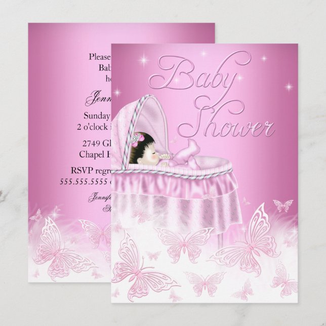 Pretty Pink Sparkle Butterfly Girl Baby Shower Invitation (Front/Back)