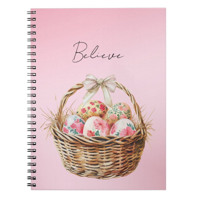 Pretty Pink Spring Floral Easter Eggs Basket Bow Notebook (Front)
