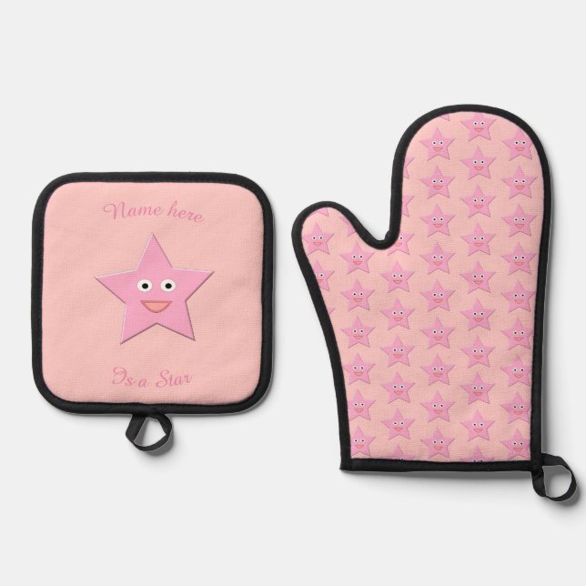 Pretty Pink Star Custom Oven Mitt & Pot Holder Set (Front)