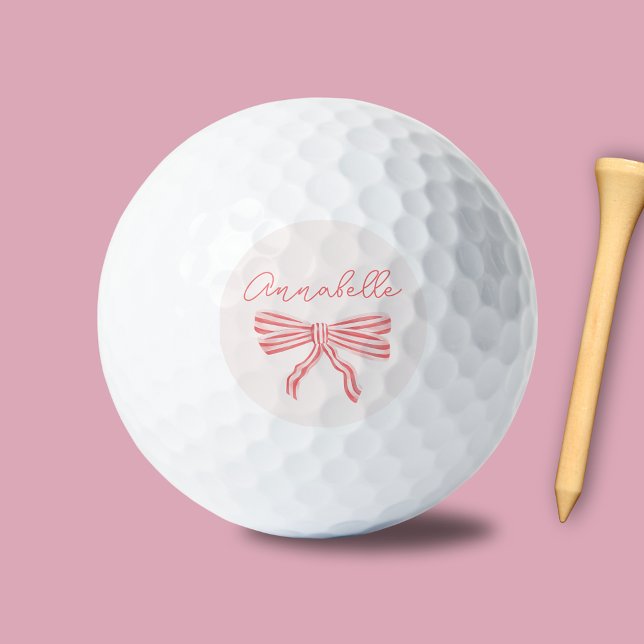 Pretty pink striped bow name golf balls (Coquette pink bow personalized golf balls)