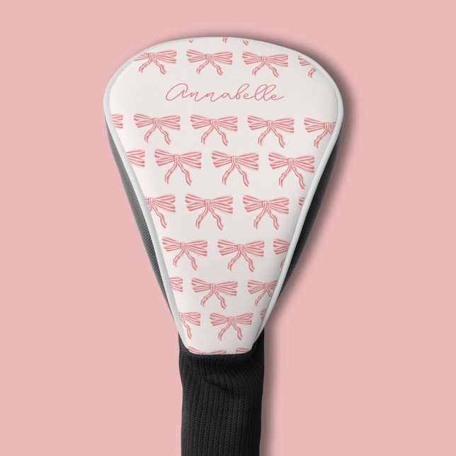 Pretty pink striped bow name golf head cover (Coquette Pink bow golf head cover, personalize with your own name or choice of text.)