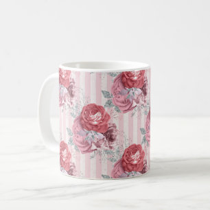 Pretty Pink Striped Floral Pattern Coffee Mug