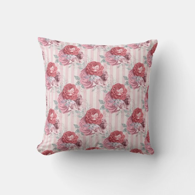 Pretty Pink Striped Floral Pattern Cushion (Front)
