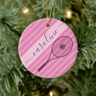 Pretty Pink Striped Tennis Racket Ball Girl's Name Ceramic Tree Decoration