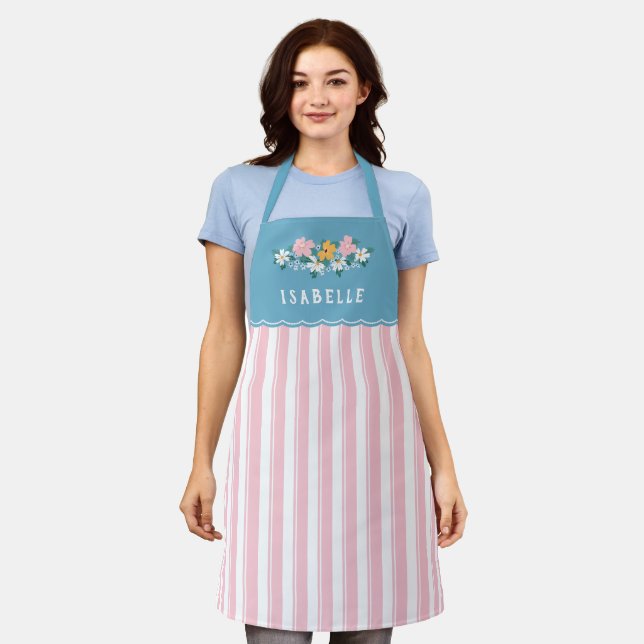 Pretty Pink Stripes Blue Yellow Flowers Apron (Worn)