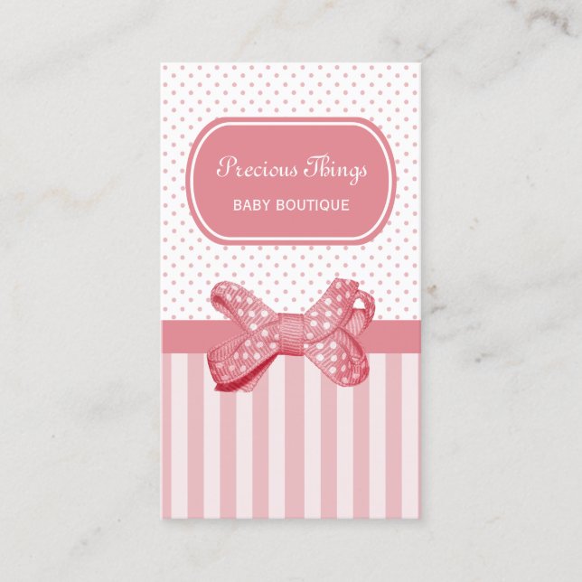 Pretty Pink Stripes Cute Polka Dot Bow Boutique Business Card (Front)