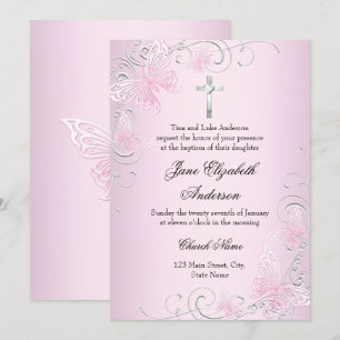 Pretty Pink Swirl Butterfly & Cross Baptism Invite