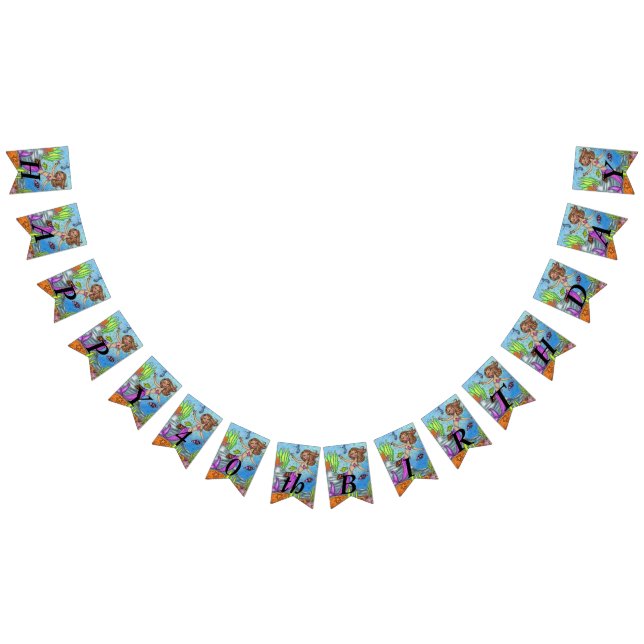Pretty Pink Tailed Birthday Mermaid in Ocean Bunting (All)