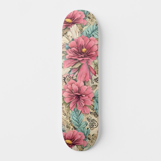 Pretty Pink & Teal Vintage Inspired Florals Skateboard (Front)