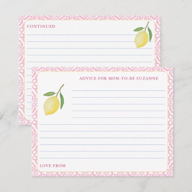 Pretty Pink Tiles Lemon Baby Shower Advice Card (Front/Back)