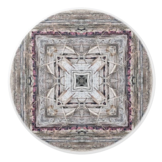 Pretty Pink Tinged Aztec Inspired Pattern Ceramic Knob (Front)