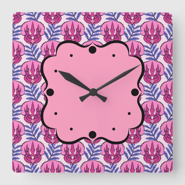Pretty Pink Triceratops Dinosaur Pattern Square Wall Clock (Front)