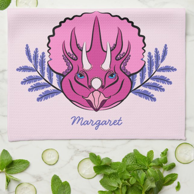 Pretty Pink Triceratops Dinosaur Personalised Tea Towel (Folded)