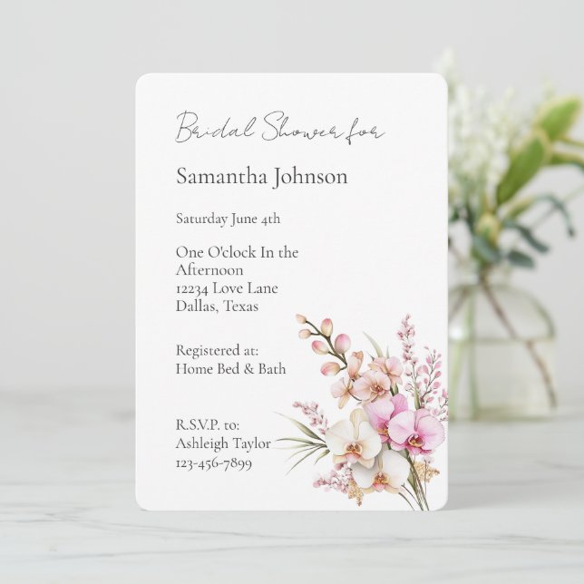 Pretty Pink Tropical Orchid Flowers Bridal Shower Invitation (Standing Front)