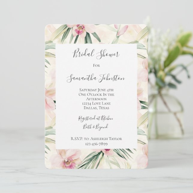 Pretty Pink Tropical Orchid Flowers Bridal Shower Invitation (Standing Front)