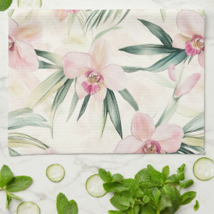 Pretty Pink Tropical Orchid Flowers Tea Towel