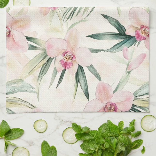 Pretty Pink Tropical Orchid Flowers Tea Towel (Folded)